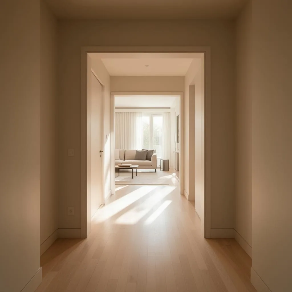 Open hallway flowing into a sunlit living room