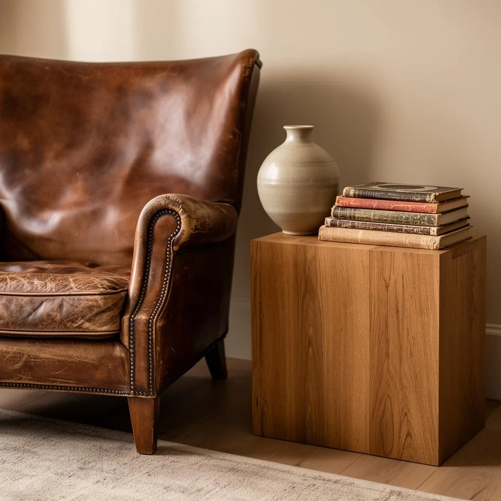 Patinated leather chair beside oak side table