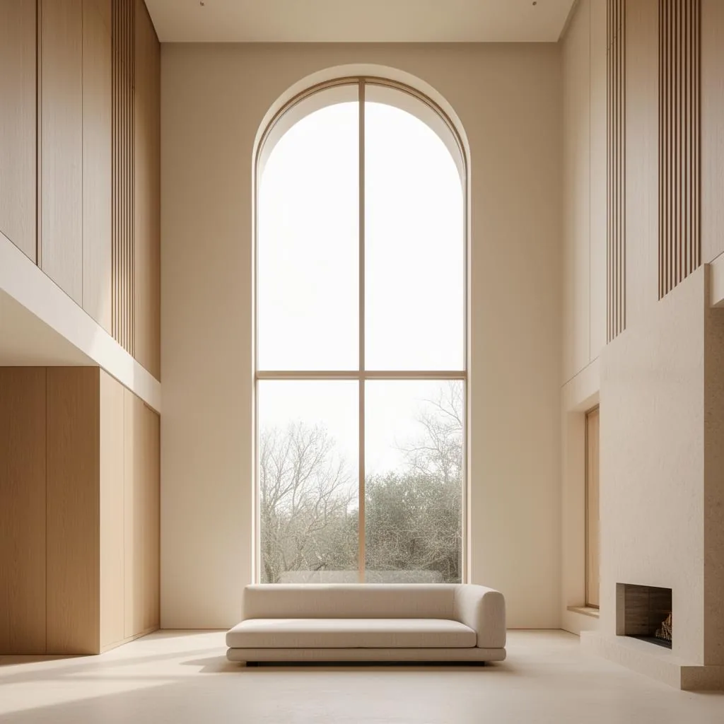Double-height room with arched window showing scale