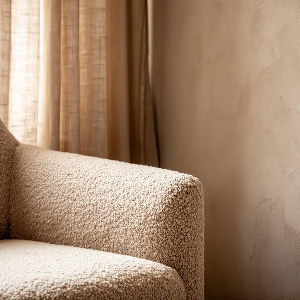 Boucle armchair against limewash plaster wall