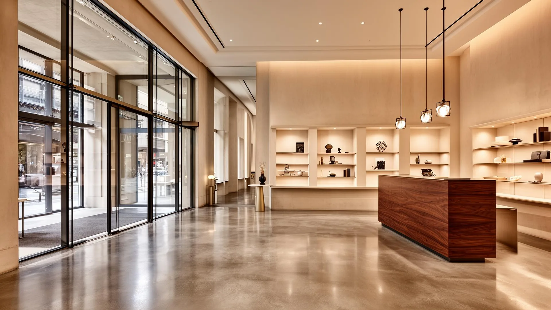 Boutique commercial interior with curved plaster banquette and brass pendant