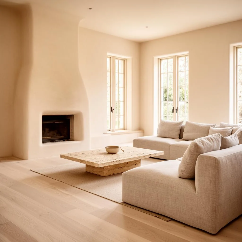 Calm residential living room with linen sofa and plaster fireplace