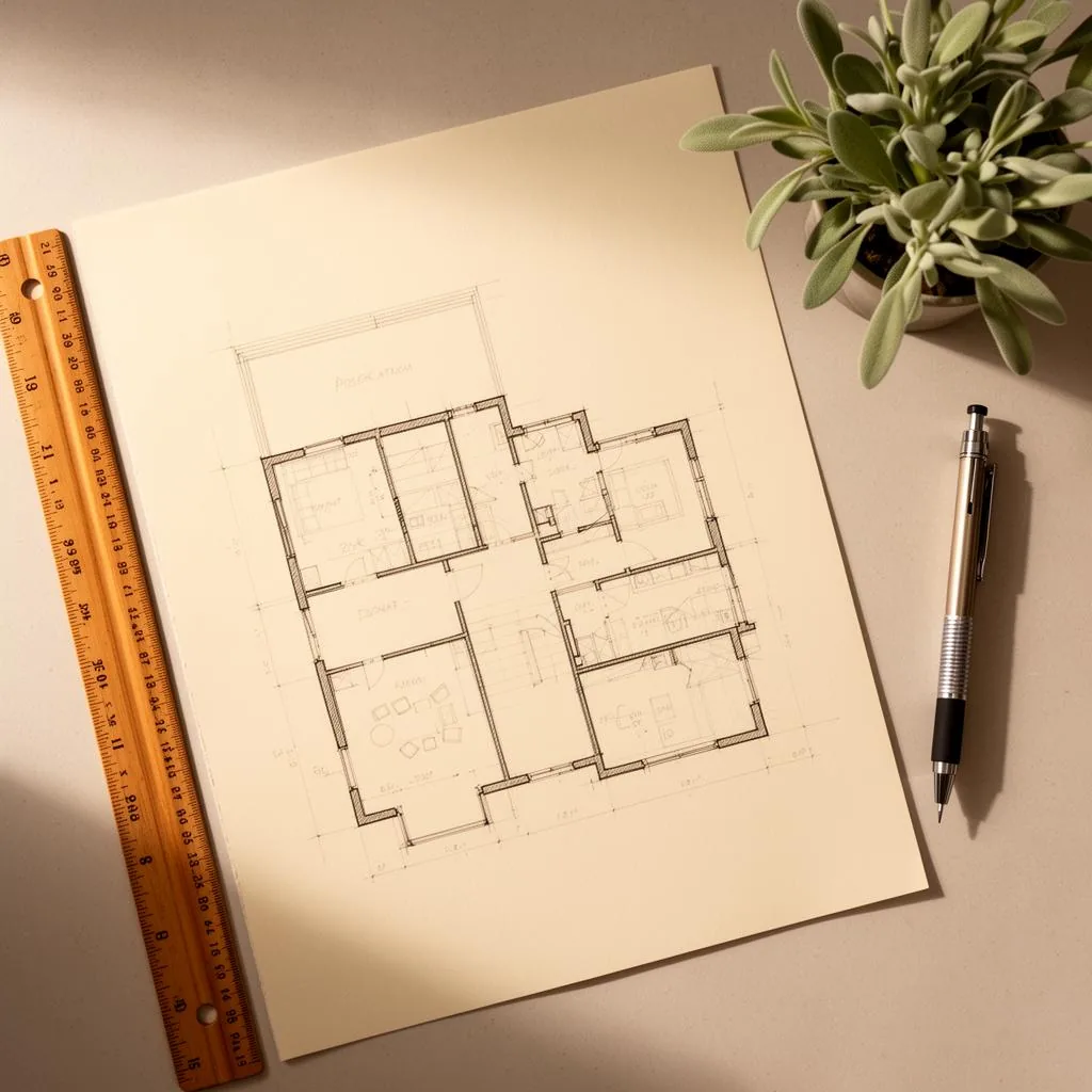 Hand-drawn residential floor plan with scale ruler and pencil