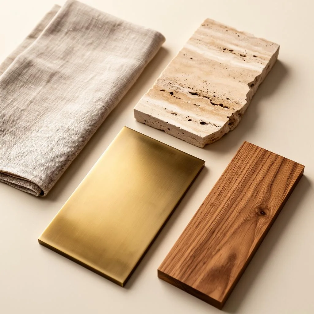 Curated palette of linen, travertine, brushed brass, and oak